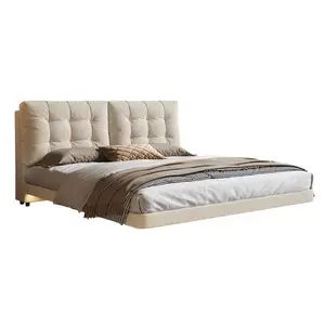 سرير طراز أميرة شهير على الإنترنت، سرير لين لغرف النوم المزدوجة، بتصميم كريمي ناعم بتصميم حديث وبسيط من الخشب الصلب 1.8M