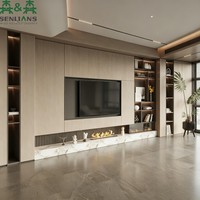 Mueble de TV empotrado moderno SLS con chimenea lineal, panel acanalado, vitrina de cristal LED y almacenamiento multimedia