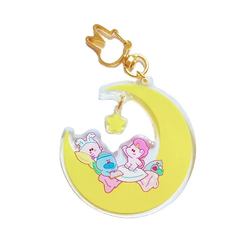 Personalizado Amarelo Lua Cartoon Animal Acrílico Plástico Chaveiro Branded Key Holder com Chaveiro Bonito Gift Chain