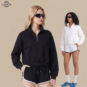 Sudadera de cuello medio alto con media cremallera y corte holgado para <span class=keywords><strong>mujer</strong></span>, ideal para primavera y otoño, 350G, de color liso, estilo casual deportivo. - Product Image 2
