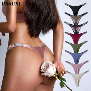 Vente en gros usine de sous-vêtements sexy pour femmes : Culottes, Strings, G-strings, Tangas à lettres en strass, taille basse et extensibles - Product Image 1
