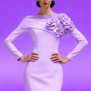 Phụ nữ chắp vá Vòng cổ bên 3D hoa chỉnh trang màu rắn Slim-fit dài tay áo váy sehe thời trang - Product Image 4