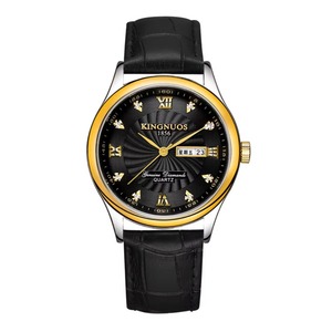 Montre de luxe pour homme en acier inoxydable, étanche, avec double calendrier, bracelet en cuir, mouvement à quartz. - Product Image 1
