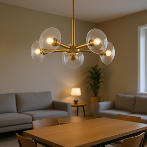Lámpara colgante Sputnik moderna de 5 luces en oro con pantallas de vidrio transparente para sala de estar, comedor, cocina. - Product Image 2