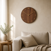 Jam Dinding Bulat Digital Art Deco Kayu Walnut Hitam Alami dengan Jarum Kuningan, Hiasan Dinding Senyap untuk Ruang Tamu, Kantor, dan Rumah
