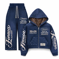 Ensemble survêtement streetwear personnalisé 100 % coton, coupe oversize, délavé à l'acide, avec fermeture éclair et strass, pantalon de survêtement et sweat à capuche effet vieilli vintage pour homme