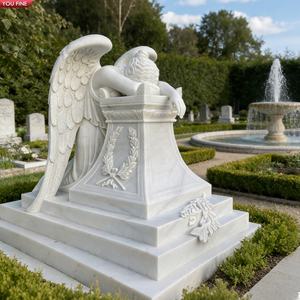 YOUFINE Pierre tombale en <span class=keywords><strong>marbre</strong></span> blanc sculptée à la main, motif ange pleurant avec croix, statue commémorative pour cimetière - Product Image 4