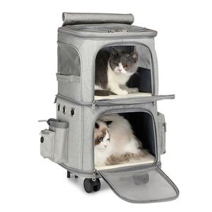 Double-Compartment Pet Carrier for Cats and <b>Small</b> Dogs Travel <b>Suitcase</b> Portable 4 Wheels Carriage Fold Able Cage Bag Trolley - Product Image 1