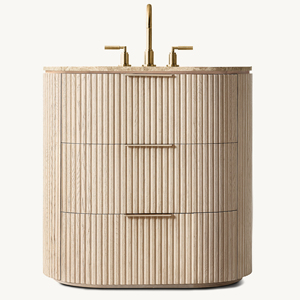 Mobile <span class=keywords><strong>Bagno</strong></span> Moderno in Rovere Americano, Comoda Toeletta Compatta a 3 Cassetti, Lussuosa Consolle in Legno Massello con Piano in Marmo, Arredamento RH. - Product Image 2