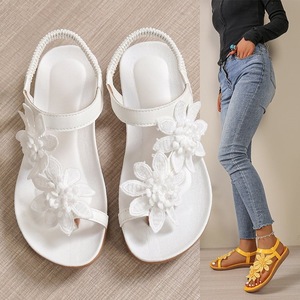 Women Floral Lace Clip Toe Flat <b>Sandals</b> <b>Elastic</b> Ankle Strap Soft Insole Non Slip Sole Summer Beach Daily Walking Casual Shoes - Product Image 3