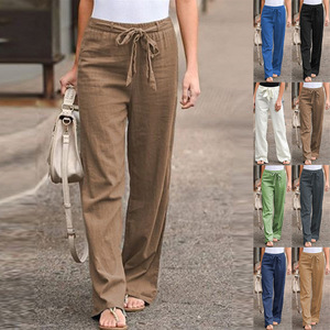 <span class=keywords><strong>Pantalon</strong></span> en <span class=keywords><strong>lin</strong></span> à jambes larges en coton d'été 100% décontracté sans couture pour femmes - Product Image 2