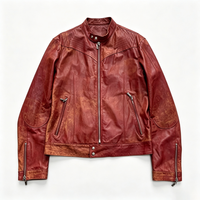 Blouson Moto Homme Vintage en Cuir Bruni Col Rabattu Multi-Poches Zippées Coupe Slim Coupe-Vent Écologique