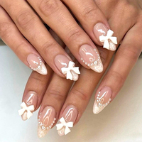 24 Uñas Postizas Francesas Blancas con Diseño de Lazo 3D, Uñas Postizas de Color Nude, Puntas de Uñas Falsas para Mujer, Manicura DIY