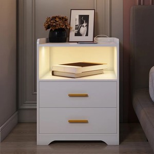 1 Piece Charging Wood Night Stand Dresser Set <strong>White</strong> Drawer <strong>Bedside</strong> Quality 2 Drawers Nightstand Table With Led Lights and Outlet - Product Image 4