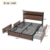 Lit de rangement moderne Queen Size avec tête de lit en bois de chêne, 4 tiroirs de rangement, port de charge USB, structure en acier robuste, design plateforme, facile à monter