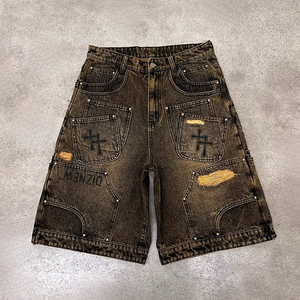 Pour DiZNEW 2025 Short en denim de coton haut de gamme pour hommes Lavage léger sur mesure avec effet perforé Design multi-poches pour l'été - Product Image 1