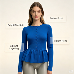 Cardigan da Donna <span class=keywords><strong>Cindy</strong></span> Blu Personalizzato OEM & ODM di Alta Qualità, Maglione Lavorato a Maglia con Collo a Piatto, Pullover a Maniche Lunghe, Top in Maglia di Design - Product Image 3