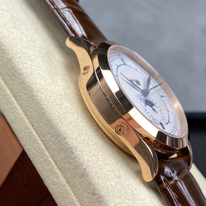 Montre automatique de luxe pour homme, boîtier en or rose, cadran argenté, aiguilles bleues, calendrier annuel, phase de lune, bracelet en cuir - Product Image 3