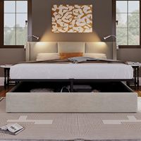 Lit de chambre moderne avec base de lit LED USB, tête de lit, lattes doubles, espace de rangement, rembourré pour 2 personnes (sans matelas)