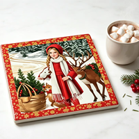 Sous-plat en céramique rétro personnalisé pour Noël, motif rennes et filles de la forêt hivernale, résistant à la chaleur pour cuisine