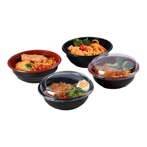 Customizable Disposable Plastic Takeaway Food Packaging Red Ramen Bowl With Clear Lid