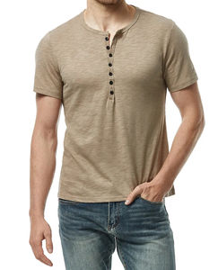 Vente en gros Chemise Henry d'été décontractée kaki à manches courtes de couleur unie pour hommes T-shirt respirant de sport coupe ajustée - Product Image 4
