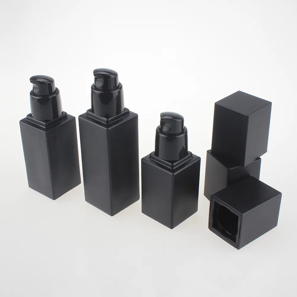 מט שחור כיכר זכוכית קרם משאבת בקבוקים עם כובע שחור, 20ml 30ml 40ml עם משאבת קרם