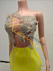 Ocstrade gaun malam perjamuan mewah 2025 gaun malam <span class=keywords><strong>Prom</strong></span> Maxi kuning punggung terbuka berjumbai berlian imitasi perak dengan celah tinggi - Product Image 4