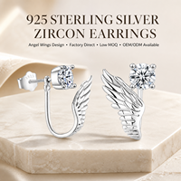 Boucles d'oreilles clous pour femmes en argent sterling 925, motif ailes d'ange incrustées de zirconiums, plaqué rhodium, vente en gros, best-seller