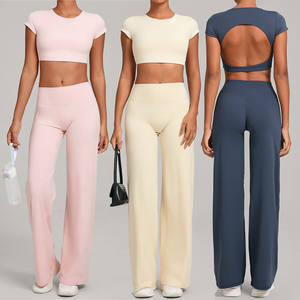 Completo Sportivo Traspirante con Maniche Corte e <span class=keywords><strong>Pantaloni</strong></span> Dritti, Abbigliamento Attivo Effetto Nudo, Set Yoga - Product Image 1