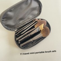 Ensemble de 11 mini-pinceaux de voyage en poils de chèvre de haute qualité, manche en bois, pour poudre libre, contouring, fard à paupières et anticernes