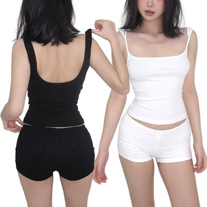 TS-028 Backless Camisole Top With <b>Bra</b> Pads Slim Fit Solid Color Cotton Summer Autumn Wear White Black Light <b>Blue</b> - Product Image 1