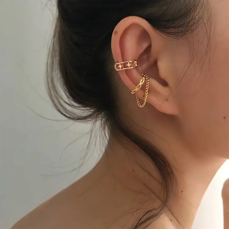French Vintage Star Chain Tassel No piercing Wrap Ear Cuff INS Fashion Earrings for Women Girls Jewelry