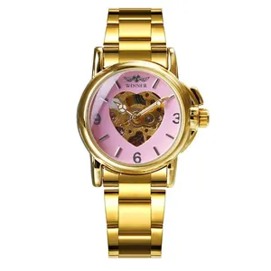 Winner 157 Relógios Mulheres Moda Relógio Automático Mecânico Dourado Coração Esqueleto Dial Aço Inoxidável Banda Elegante Senhora Assista