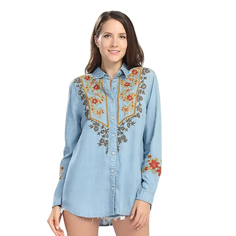Turn-down collar embroidery floral embroidery autumn cotton denim blouses for women lady casual spring