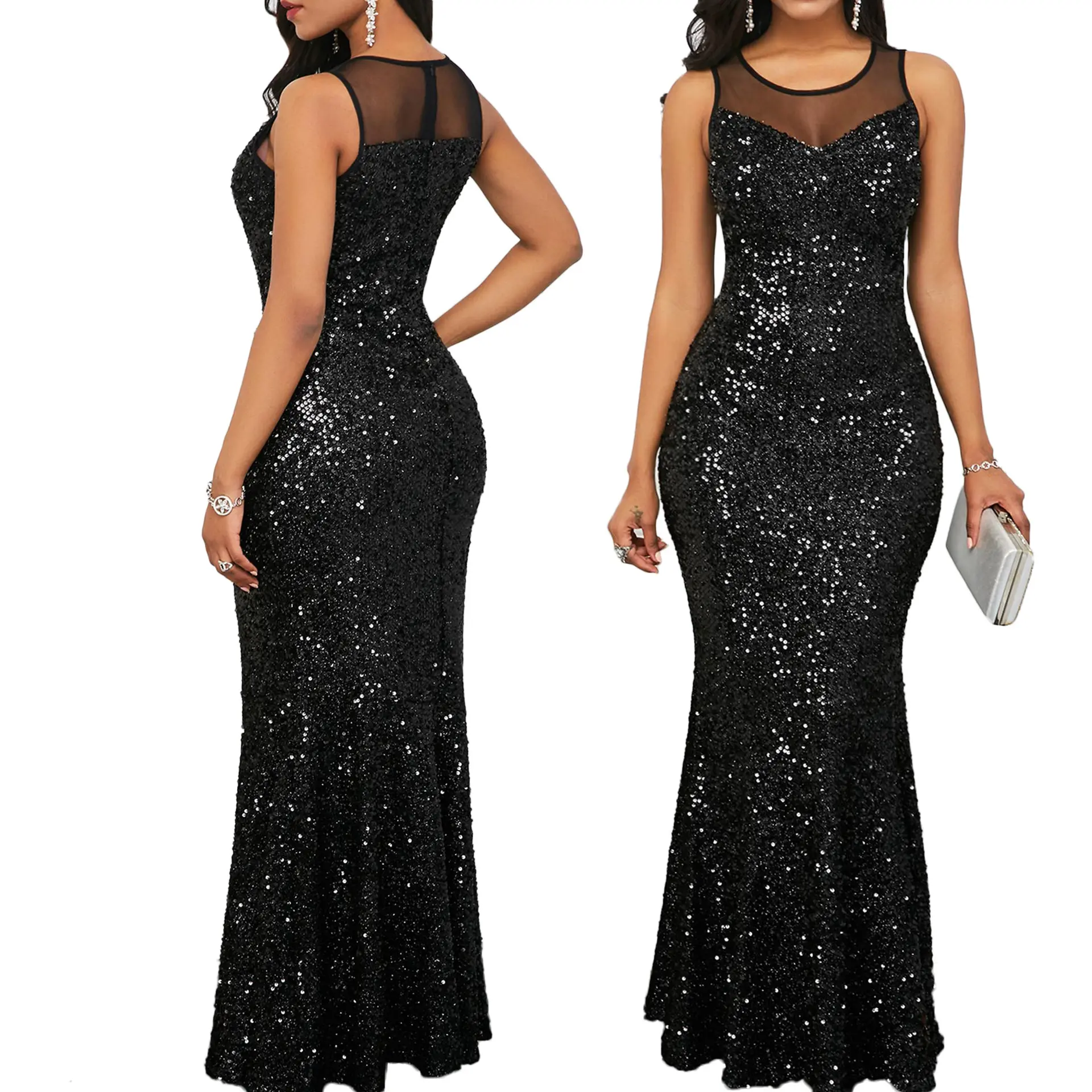 YQY1062 Customized Fashion Sleeveless Sequin Gowns Ladies Party Evening Dresses Women Elegant Casual Dresses