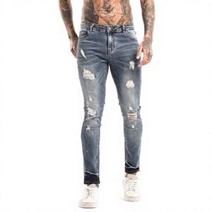 Jeans skinny déchirés pour hommes, denim extensible de haute qualité, lavage vintage, vêtements décontractés, production OEM, impression de logo personnalisée - Product Image 1