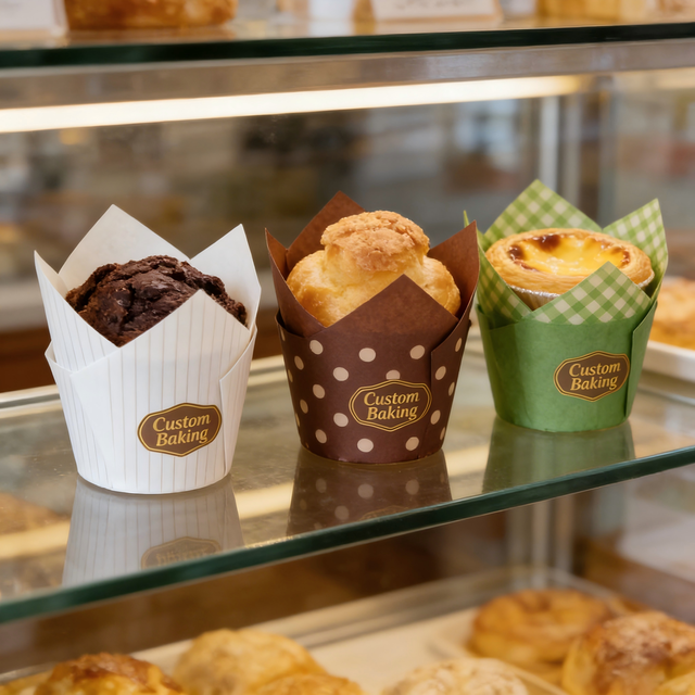 Bulk Tulip Shape Eco-friendly Oven Safe Paper Baking Cups Muffin Wrappers Custom Design for Pastry Shop Bakery & Party Baking