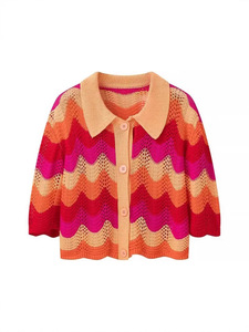 AliExpress Cross-border Summer New Casual Loose Lapel Polo Collar Single-breasted Striped Sweater Mesh Skirt Knitted Set for - Product Image 5
