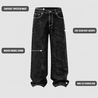 Jeans noirs personnalisés pour hommes en coton denim avec broderie croisée et surpiqûres contrastées, coupe ample et jambe large droite pour un style décontracté et streetwear