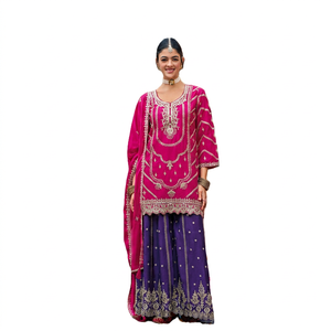 Salwar Kameez Rosa Chinon Bordado con Sharara Lehenga Morado, Traje Tradicional de Boda para Mujer, Largo hasta el Suelo, India Pakistán - Product Image 1