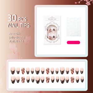 30 faux ongles à presser en amande, motif nœud 3D français, simples et élégants pour usage quotidien, vente en gros - Product Image 2
