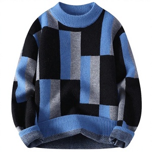 Pull en maille à col montant à carreaux pour homme, automne-hiver, anti-rétrécissement et anti-plis, style décontracté jeune et ample, chaud - Product Image 2