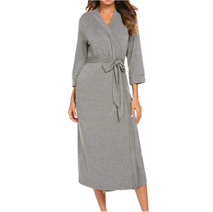 Robe tricotée à col en v pour femmes, manches trois quarts, longueur aux genoux, gris uni, vêtements de nuit décontractés et doux, fermeture à cordon - Product Image 1