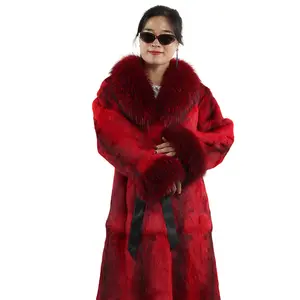 厂家直销兔毛大衣冬季新款设计长染红色银色狐狸毛领袖口束带女式夹克
