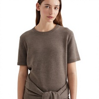 T-shirt en Cachemire Pur Col Rond Personnalisé pour Femme – Style Tricot Uni, Manches Courtes, Haut Tricoté de Luxe pour l'Été – Vente en Gros