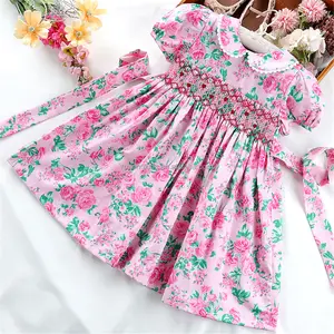 pink flower little girls dresses smocking for baby frock handmade summer floral wholesale kids clothes boutiqus c91120545