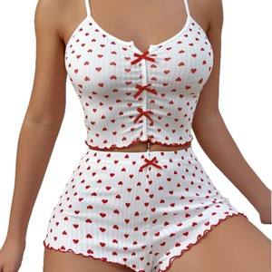 Multicolor Heart Print Suspender Short Suit Female Pajamas Soft Skin Friendly Loungewear Daily Household Casual Nightwear - Product Image 5