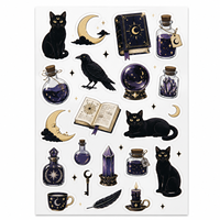 Feuille d'autocollants décoratifs en vinyle prédécoupés pour journal, scrapbook, style Witchcore, anime, manga, chat noir, pour agenda, cadeau