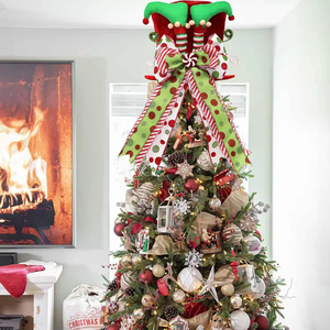 Décoration de Noël en tissu écologique, nœud rayé rouge et vert fait main pour le sommet du sapin, vente en gros pour la décoration de la maison et des fêtes - Product Image 1